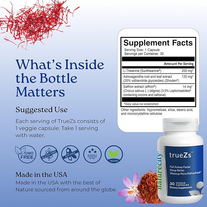 NatureCity TrueZs Melatonin-Free Natural Sleep Aids for Adults - Ashwagandha L-Theanine and Saffron Powder Sleep Pills to Support Falling and Staying Asleep (30 Veggie Capsules)