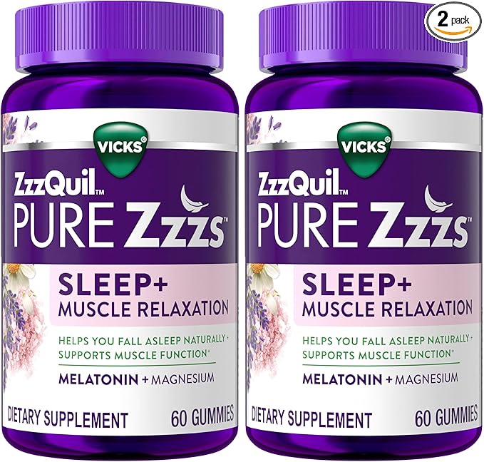 ZzzQuil Pure Zzzs Muscle Relaxation Melatonin Sleep Aid GummiesSupports Muscle FunctionHelps You Fall Asleep NaturallyFastMelatonin + MagnesiumNo Next-Day GrogginessDrug-Free60ct(Pack of 2)