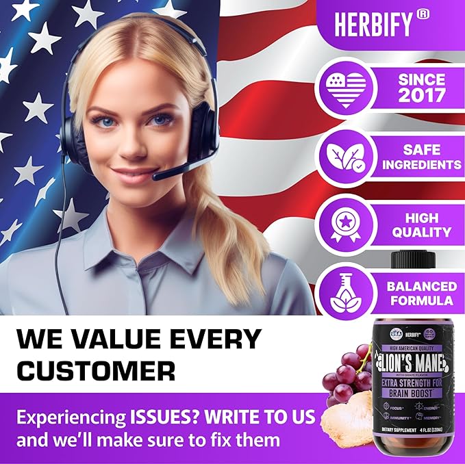 HERBIFY Lions Mane Supplement - Daily Mushroom Supplement for Memory Focus &amp Clarity - Brain Booster - Lions Mane Tincture for Immune Support - 4 Fl oz Grape Flavor