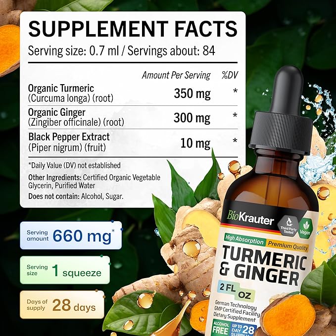 BIO KRAUTER® Turmeric and Ginger Supplement - Pure Vegan Liquid Turmeric &amp Ginger Tincture with Pepper 2 Fl.Oz 28 Days of Supply - Curcumin Drops for Joint Support Antioxidant &amp Immune Suppor