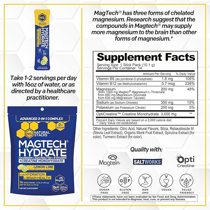 Magtech Magnesium Capsules + Hydration Creatine Powder Lemon Lime Bundle - 3 Forms of Magnesium - Featuring Magtein L-Threonate - Brain Health &amp Hydration Support* - 74 Total Servings