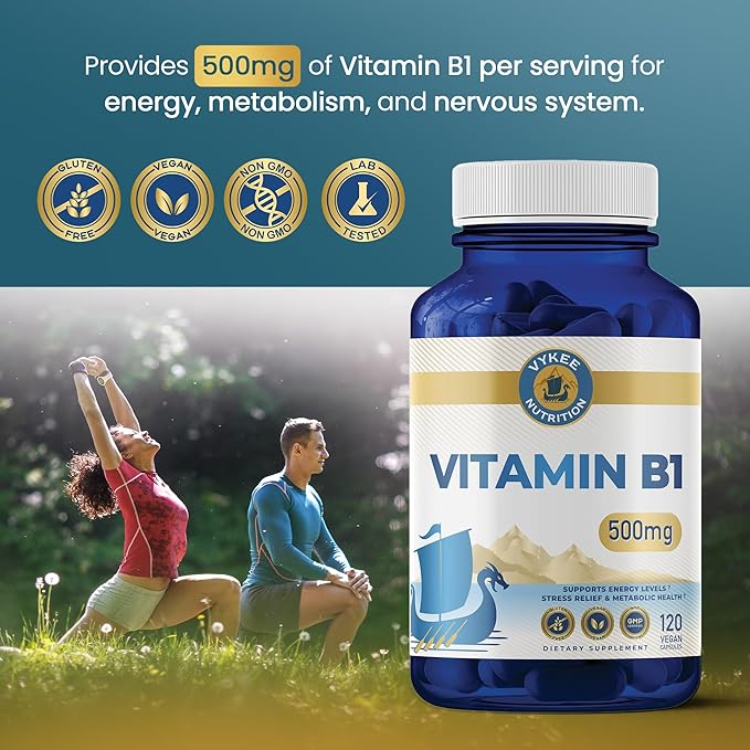 Vykee Nutrition Vitamin B1 (Thiamine) Capsules – Supports Energy Metabolism &amp Nervous System Health – Vegan Non-GMO Gluten-Free – 500 mg 120 Count