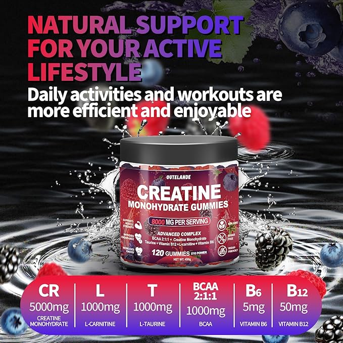 Creatine Monohydrate Gummies 8000 mg for Men &amp Women Creatine Supplement for Enhanced Muscle Growth Energy Boost - with L-Taurine Sugar Free Vegan Raspberry BlackBerry Blueberry Flavor-120 Co