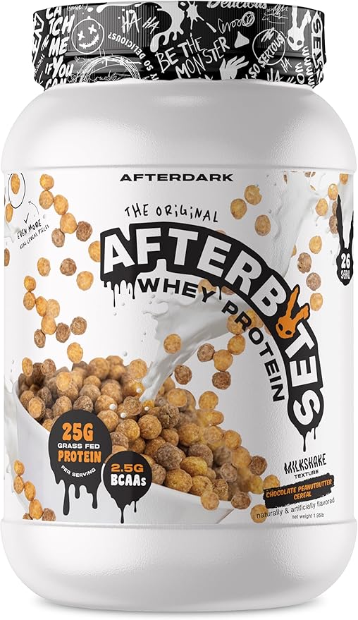 AFTERDARK AfterBites Whey Protein Powder 25g Protein 4.5g BCAA’s Easy Dissolving No Artificial Colors or Fillers Isolate Protein USA Made 26 Servings Chocolate Peanut Butter Cereal