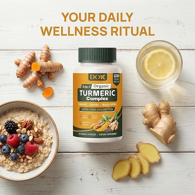 Turmeric Organic 3-in-1 Complex Turmeric Curcumin Supplement with Black Pepper &amp Ginger 2250mg Daily Support Vegan Non-GMO 120 Count (A)
