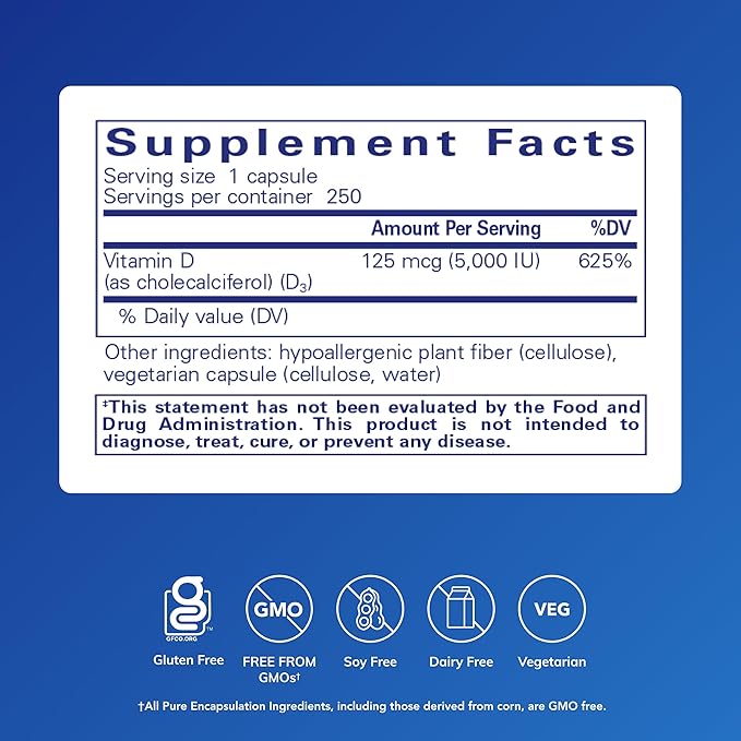 Pure Encapsulations Vitamin D3 125 mcg (5000 IU) - Supplement to Support Bone Joint Breast Heart Colon and Immune Health* - with Vitamin D - 250 Capsules