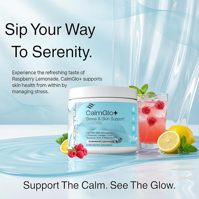 Daily Stress &amp Skin Support Drink Powder – Adaptogen Cortisol Reducer with Ashwagandha KSM-66 L-Theanine Magnesium &amp Collagen Peptides – Mood Focus &amp Hydration - Raspberry Lemonade 30