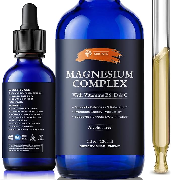 SIRUNES Magnesium Complex Liquid Drops – Magnesium Supplement with Vitamins B6 D3 &amp C – Calm &amp Relaxation Support Energy Production Nervous System Wellness – Alcohol-Free Liquid Magnesium –