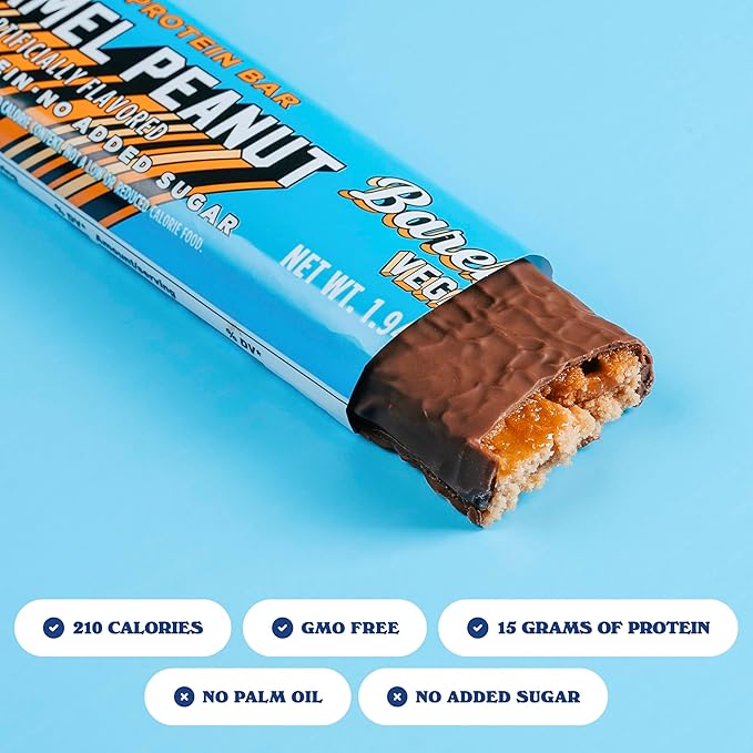 Barebells Vegan Protein Bars Peanut Caramel Plant Based with High Protein - Chocolate Protein Bars - Perfect on The Go Protein Snack &amp Breakfast Bars 12 Count (Pack of 1)