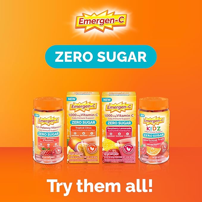 Emergen-C Zero Sugar 1000 mg Vitamin C Powder for Daily Immune Support Caffeine Free Vitamin C Supplements with Zinc and Manganese B Vitamins and Electrolytes Raspberry Lemonade Flavor - 36 Count