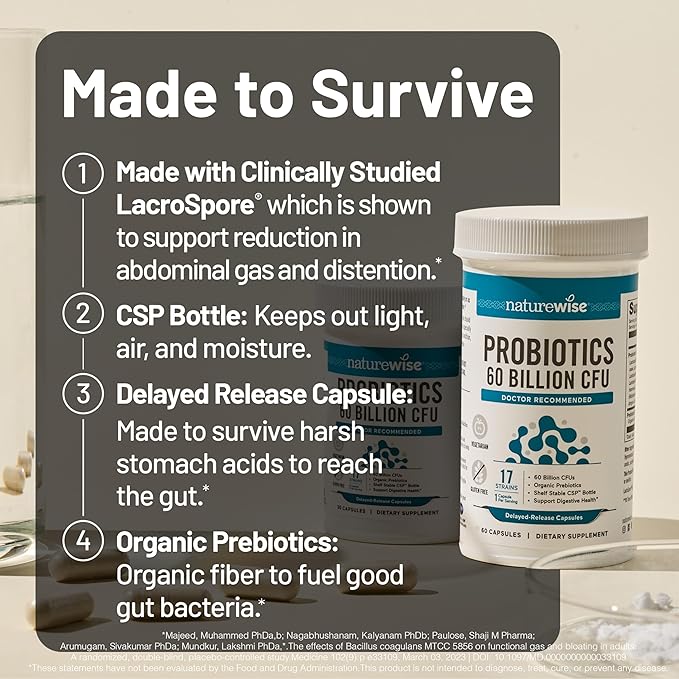 NatureWise [1] Probiotics 60 Billion CFU + Organic Prebiotics - 30 Capsules[1-Month Supply] + [1] Ashwagandha for Stress + GABA &amp L-Theanine - 60 Capsules[30-Day Supply]