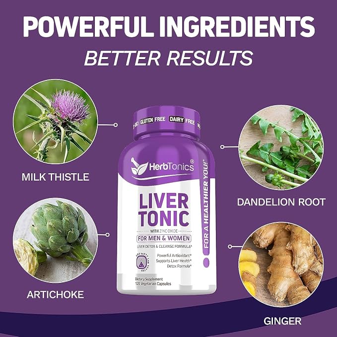 Herbtonics Liver Cleanse Detox &amp Repair Formula - 20+ Herbs: Milk Thistle Artichoke Extract Silymarin &amp Dandelion - Korean Red Panax Ginseng 1500mg - High Potency Ginseng for Energy for Men