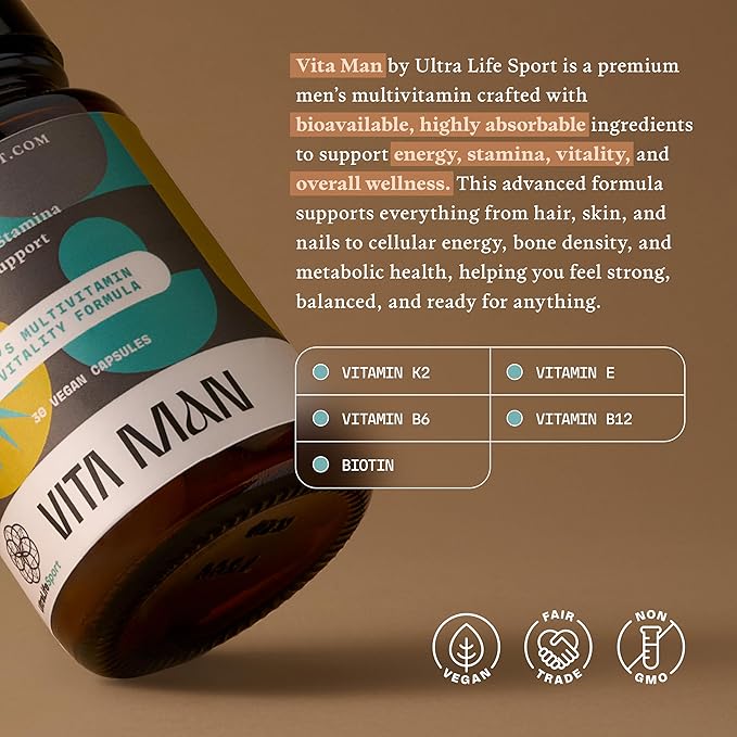 Ultra Life Sport - VITA Man Premium Men's Multivitamin - 30 Capsule Daily Vitamins for Men with Vitamin E K2 MK-7 and B Vitamins for Maximum Absorption - 100% Vegan Organic Non-GMO Gluten Free