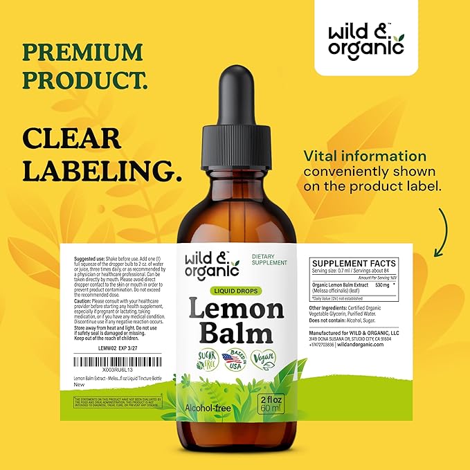 Wild &amp Organic Lemon Balm Drops - Relaxation Support - Lemon Balm Extract Supplement - Melissa Officinalis Herb Tincture - Add to Tea for Calmness Support - Vegan Sugar &amp Alcohol-Free - 2 fl