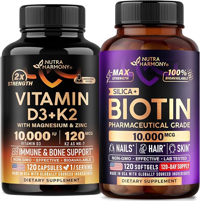 NUTRAHARMONY Vitamin D3 K2 Capsules &amp Biotin with Silicon Softgels