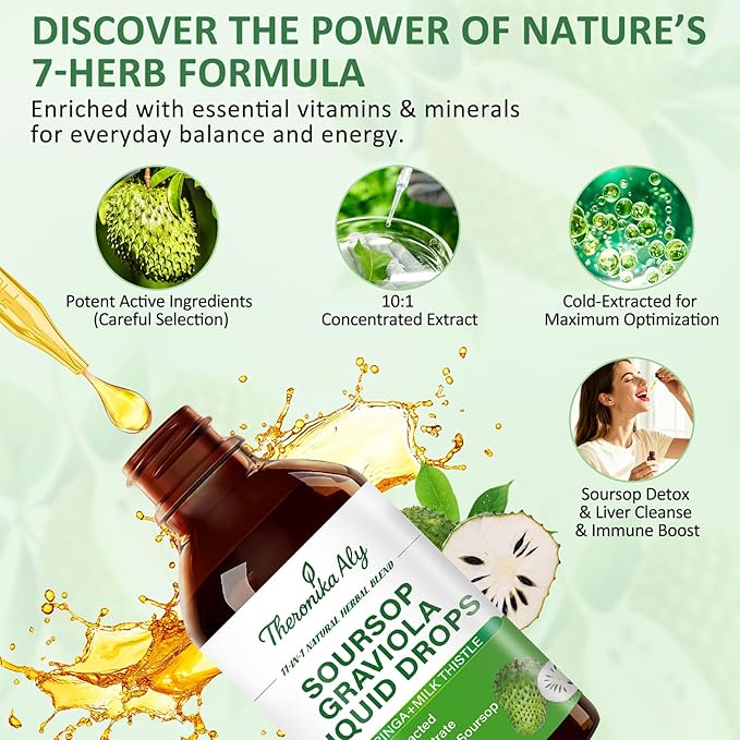 Soursop Bitters Liquid Drops 11-in-1 Herbal Blend with Soursop Extract Sea Moss Moringa Turmeric Black Cumin &amp Milk Thistle Soursop Drops for Daily Wellness 2 Fl Oz