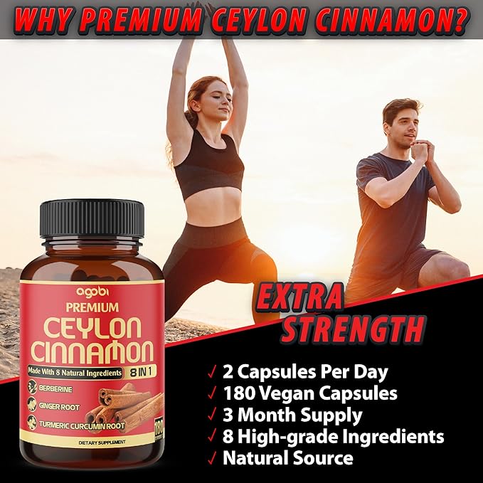Premium Ceylon Cinnamon with Berberine Supplement - 8in1 Turmeric Ginger Gymnema &amp More - Body Heart &amp Overall Vitality - 180 Capsules