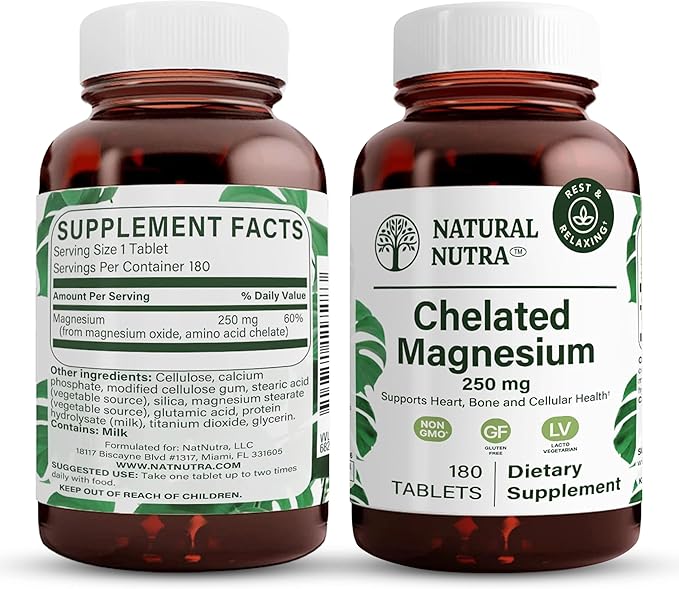 Natural Nutra Chelated Magnesium Oxide 250 mg - High Absorption for Strong Bones Heart Health Dental Health Energy Boost Gluten-Free Non-GMO 180 Tablets in BPA-Free Recyclable Glass Bottles