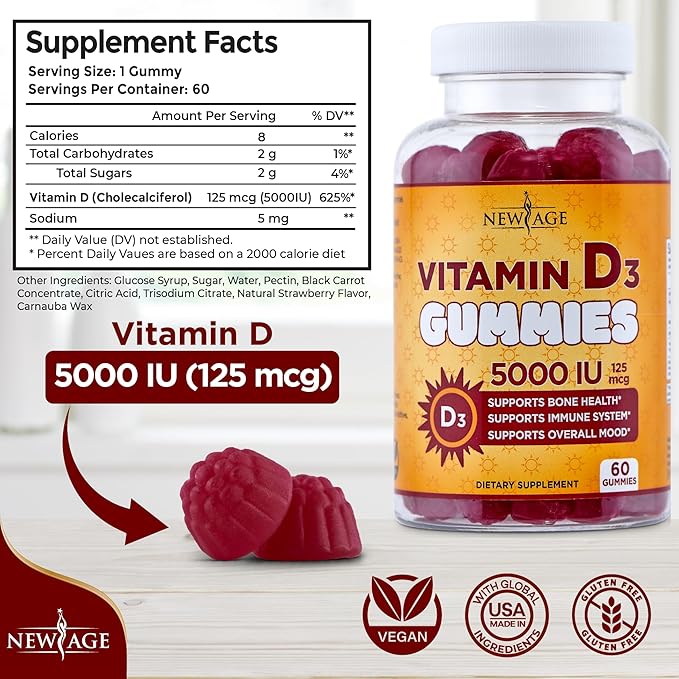 NEW AGE Immune Defense Combo - 2 Pack - Vitamin D3 Gummies 5000 IU 125mcg &amp High Potency Zinc Gummies Immune Booster 120 Count