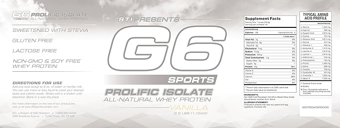 STI G6 Sports Prolific Isolate Whey Protein - Vanilla 2.5 lb(s).