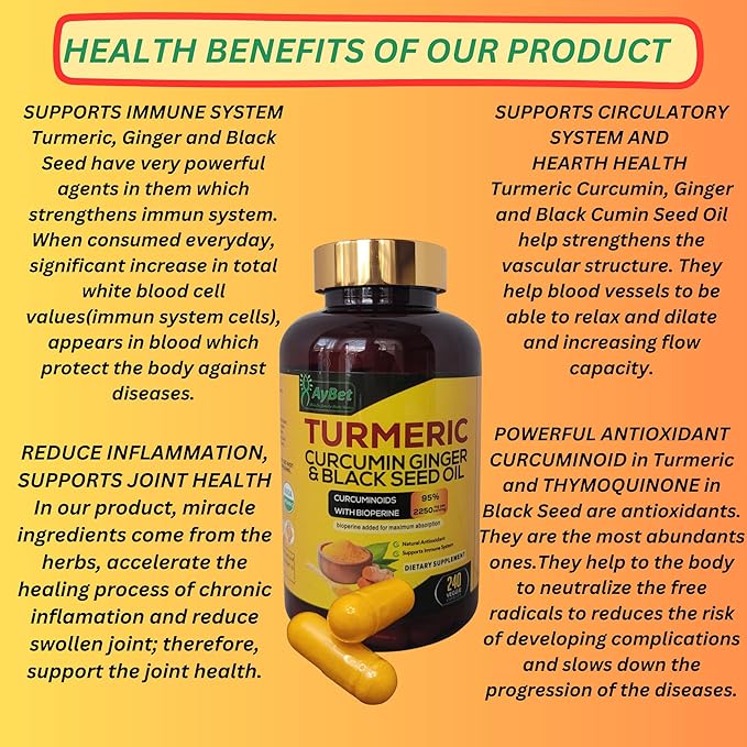 World 1st.Turmeric Curcumin Ginger&ampBlack Seed Oil 240 Caps 2250mg 95% Curcuminoids BioPerin Added Extra Strength Organic Halal Vegan Support Immune System Antioxidant Joint Support