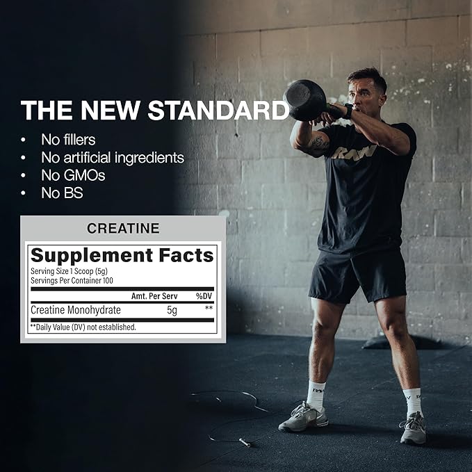 RAW Nutrition Creatine Monohydrate Powder Unflavored (100 Servings) - Micronized Creatine Monohydrate Supplement for Workout Performance Build Muscle &amp Strength - Creatine Powder for Men &amp W