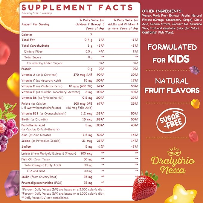 Kids Multivitamin Gummies 180 Count - Eye Brain &amp Gut Support - Sugar-Free Vitamins for Kids - with Lutein Omega-3 DHA &amp Prebiotics - 3 Fruit Flavors - Ages 2+