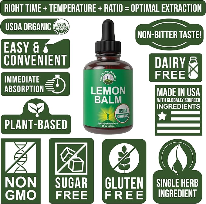 Peak Performance USDA Organic Lemon Balm Tincture - Liquid Oil Drops Supplement for Relaxation Calm Digestion - Vegan Leaf Extract - Zero Sugar Gluten Free Supplements for Women &amp Men 2 fl oz