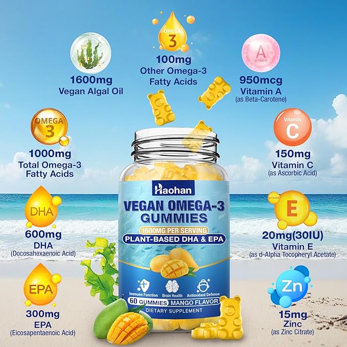 Omega-3 Gummies for Adults Orange Flavor – Sugar-Free Algae-Derived DHA 600mg &amp EPA 300mg with Vitamins A C E Zinc 120 Gummies
