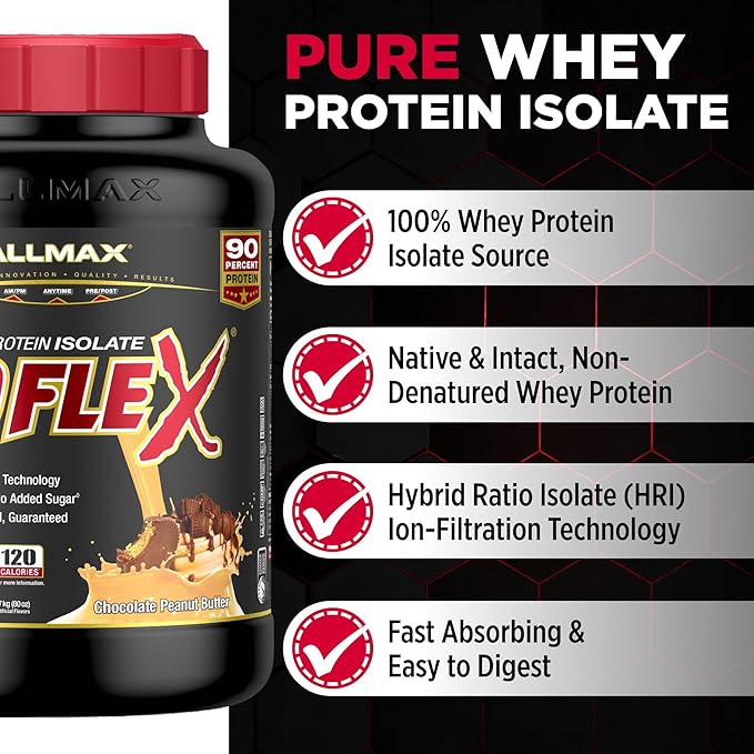 ALLMAX ISOFLEX Pure Whey Isolate Protein Powder - Gluten Free Low Lactose Sugar-Free - High-Protein Clean Keto-Friendly Pre Post Workout Supplement Women and Men | Chocolate Peanut Butter 5lb