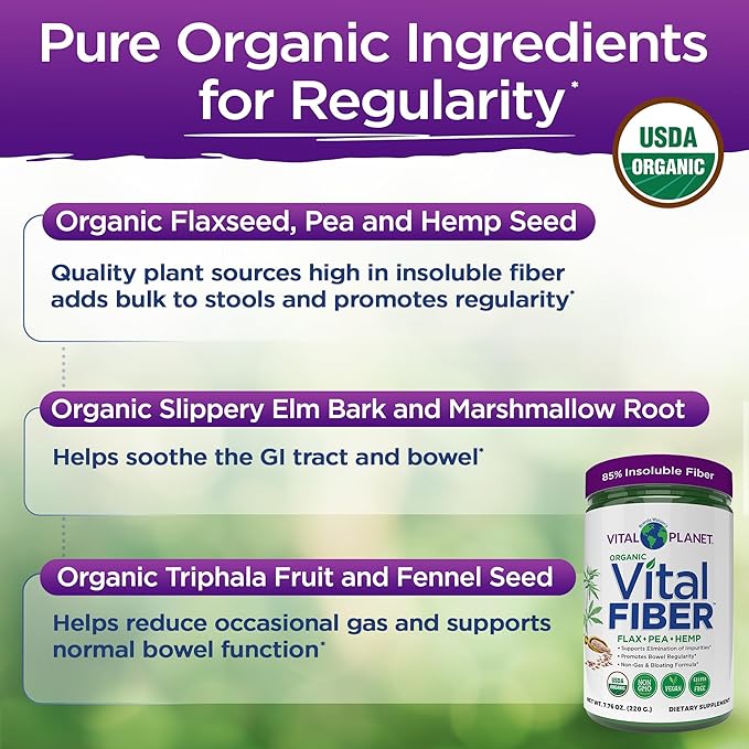 Vital Planet - Vital Fiber Powder Soluble and Insoluble Fiber Supplement with Flax Pea and Hemp Organic Daily Dietary Supplement Supports Gut Digestive Regularity 7.76 oz