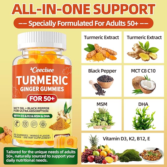 Organic Turmeric Supplement for Adults 50+: Sugar Free Turmeric Curcumin with Black Pepper Ginger Gummies Plus Vitamin D3 K2 MCT Oil MSM - Chewable Vegan Gummy for Overall Health(120Count)