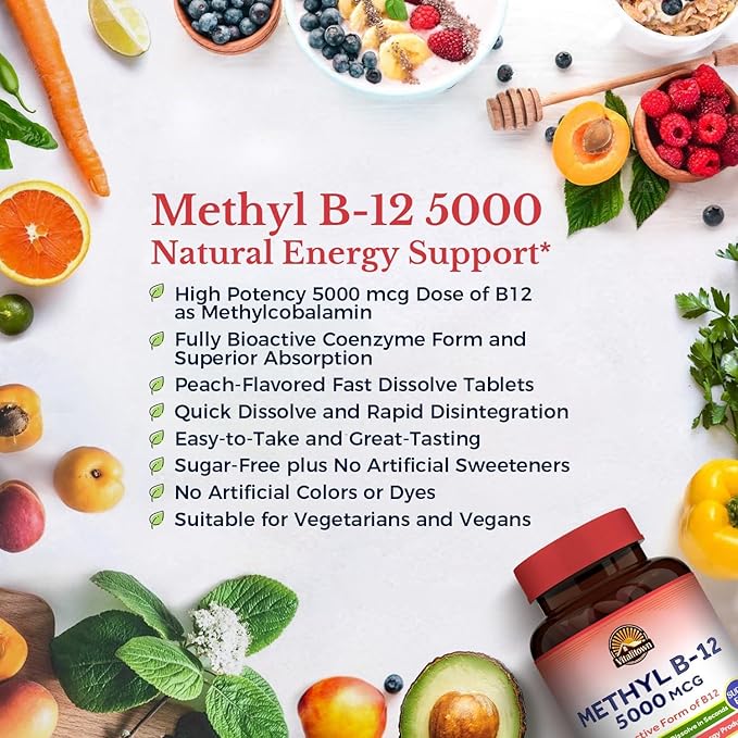 Vitalitown Vitamin B12 (Methyl B12) 5000 mcg Fully Bioactive Form Support Energy Production Natural Peach Flavor Zero Sugar 240 Fast Dissolve Tablets