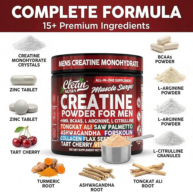 Clean Nutra Creatine Powder for Men + HMB BCAA L Arginine L Citrulline Tongkat Ali Saw Palmetto Ashwagandha Collagen Flax Seed Turmeric Preworkout Stevia Nitric Oxide L Glutamine Amino Acids