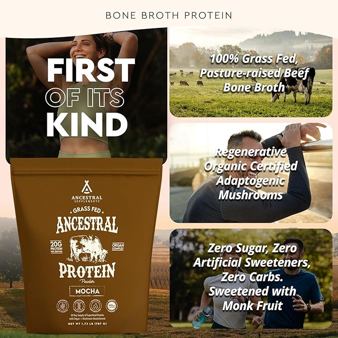 Ancestral Supplements Grass Fed Protein Powder Mocha Coffee Bone Broth Protein + Beef Organs + Organic Mushrooms w/ 160mg Naturally Occurring Caffeine 20g Protein Gut Health Support 30 Servings