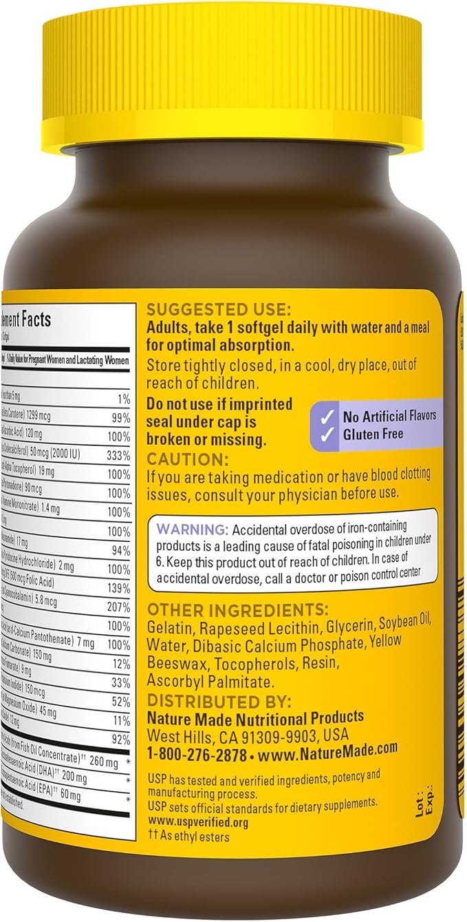 Nature Made Postnatal Multivitamin + DHA 200 mg Postnatal Vitamins for Women Includes Iron Vitamin D3 Calcium Iodine &amp More for Breastfeeding Moms 60 Softgels