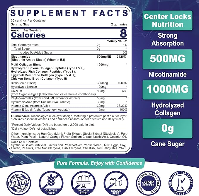 2 Pack - Nicotinamide 500mg Gummies NAD+ Supplement for Women &amp Men w/ Collagen Peptides (Flush Free Niacin) Vitamin B3 Niacinamide for Anti-Aging NAD+ Levels Longevity Focus &amp Brain Sug