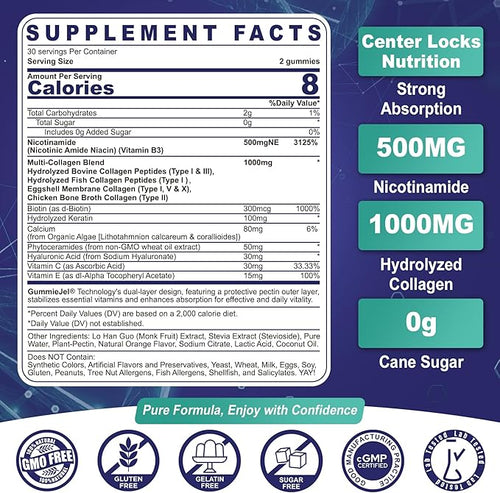 2 Pack - Nicotinamide 500mg Gummies NAD+ Supplement for Women &amp Men w/ Collagen Peptides (Flush Free Niacin) Vitamin B3 Niacinamide for Anti-Aging NAD+ Levels Longevity Focus &amp Brain Sug