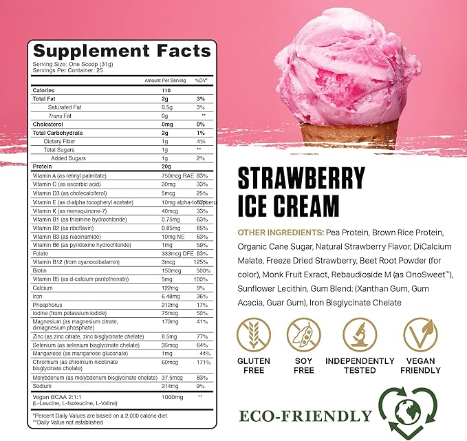 Ambrosia Planta - Plant-Based Protein Powder 20g | Dairy Free Vegan Protein Powder with BCAA Amino Acids | Keto-Friendly No Added Sugar | 25 Servings | Strawberry Ice Cream