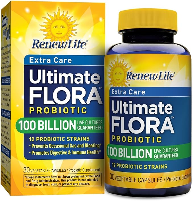 Renew Life Ultimate Care Probiotic Capsules Daily Supplement Supports Respiratory Digestive and Immune Health L. Rhamnosus GG Dairy Soy and gluten-free 100 Billion CFU 30 Count