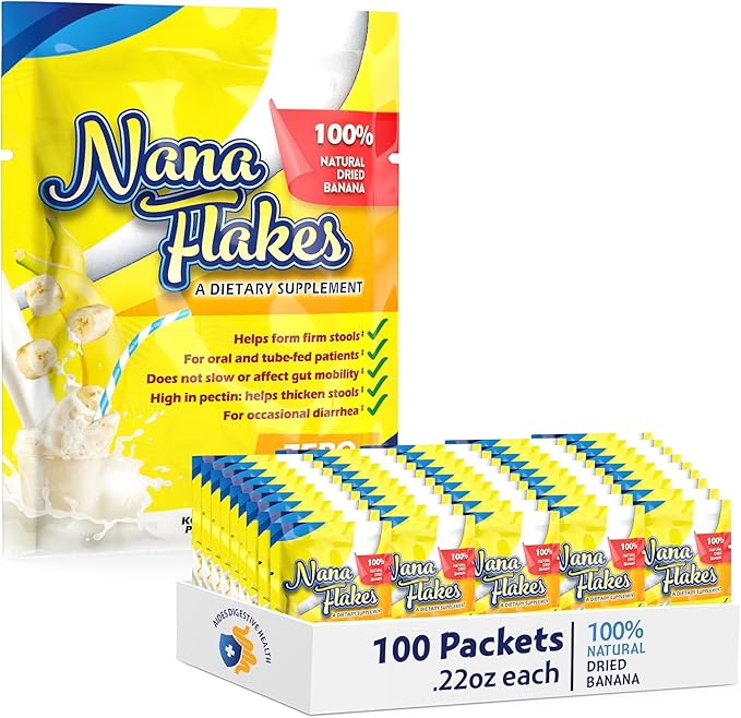 Nana Flakes 100% Pure Banana Flakes Medical Food Powder - Decrease Fat Intake &amp Natural Remedy for Diarrhea &amp Heart Burn - Great Source of Protein&amp Fiber (100 Single-Serve Packs)