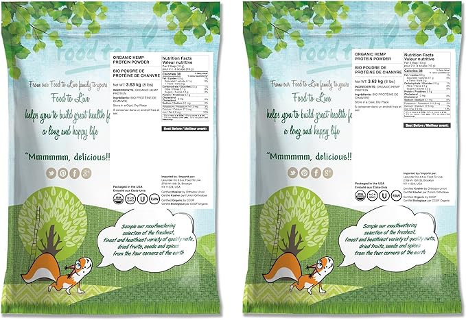 Food to Live Organic Hemp Protein Powder 16 Pounds — 50% Protein Non-GMO Kosher Non-Irradiated Pure Vegan Superfood Rich in Iron and Fiber