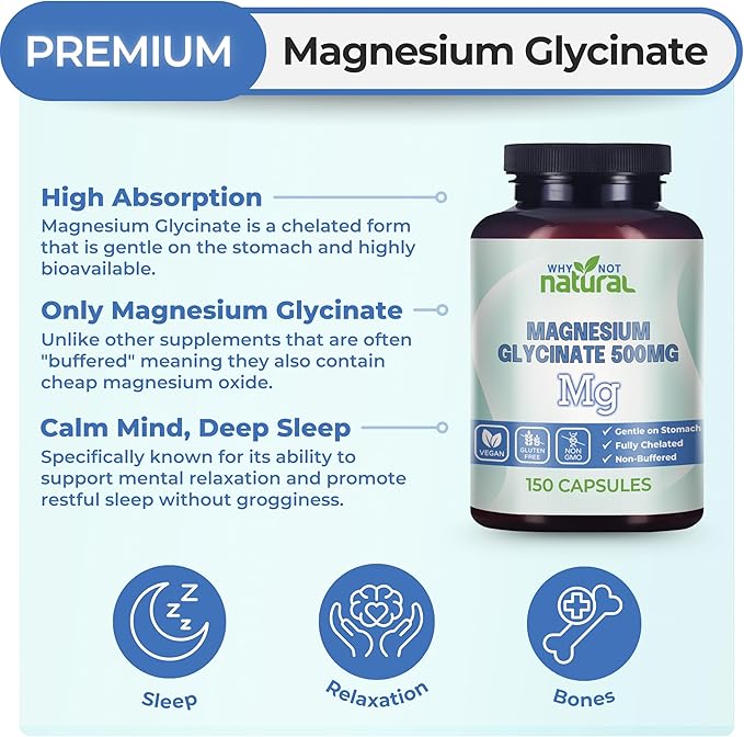 Why Not Natural Magnesium Glycinate 500 mg Capsules Supplement - Vegan No Filler - Supports Sleep and Relaxation