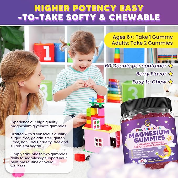 Magnesium Glycinate Gummies 400/200mg for Kids &amp Adults NO Melatonin Sleep Aid Magnesium Supplement Gummies with Chamomile Lavender L-Theanine &amp GABA B6 D3 &amp K2 for Bone Relax Immun