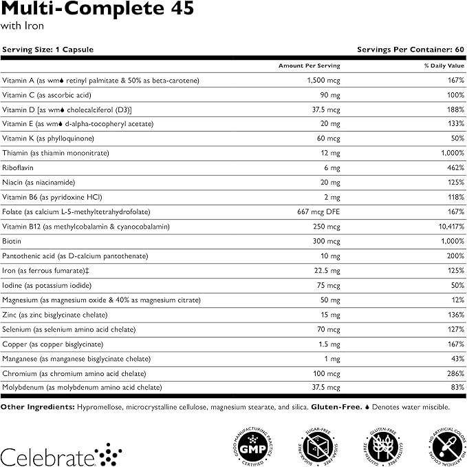 Celebrate Vitamins Multi-Complete 45mg Iron – Daily Bariatric Multivitamin for Sleeve Gastrectomy and Gastric Bypass Surgery Patients – Essential Vitamins &amp Minerals (180 Capsules)