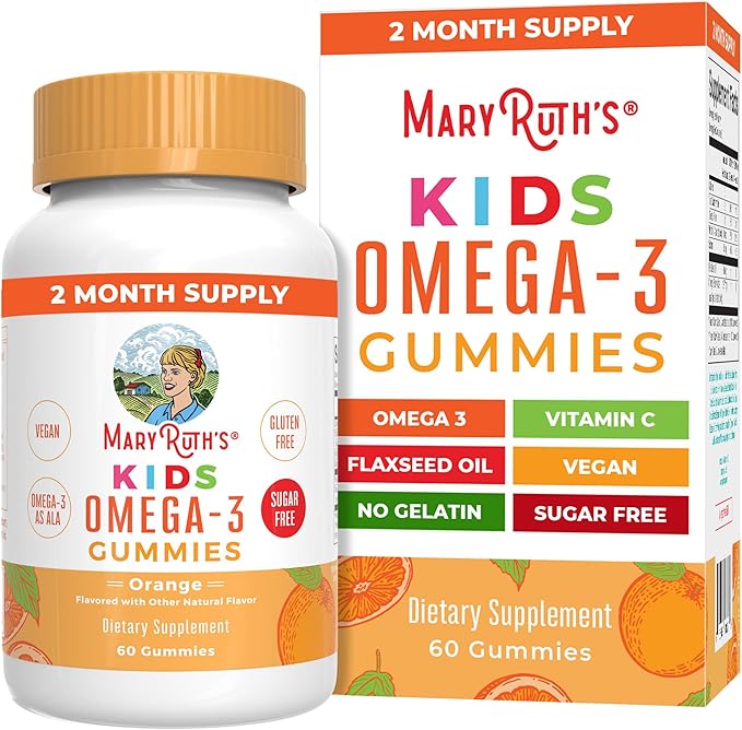MaryRuth Organics Vegan Omega 3 Gummies for Kids 2+ 2 Month Supply Sugar Free Omega 3 Supplement with Vitamin C Flaxseed Oil Immune Support Essential Nutrient ALA No Fish Taste 60 Count