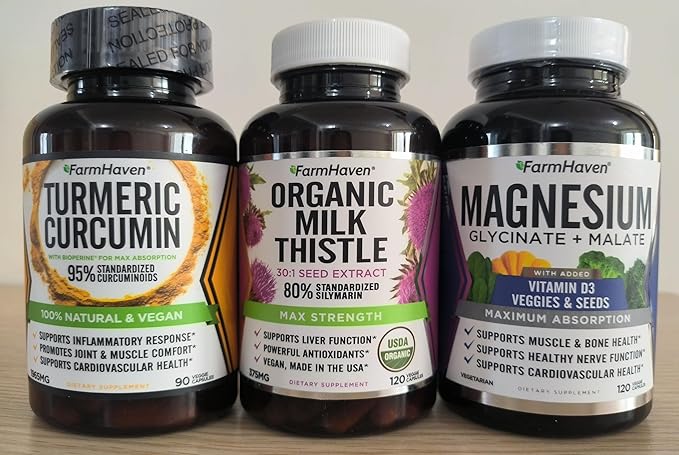 FarmHaven Milk Thistle Capsules + Turmeric Curcumin with BioPerine Black Pepper Magnesium Glycinate &amp Malate