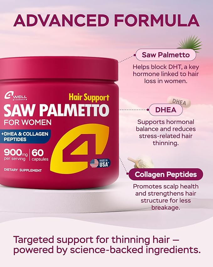 4Well Products Saw Palmetto for Women with DHEA &amp Collagen Peptides 900mg – Vitamins &amp Arjuna Advanced Hair Skin &amp Nails Formula – Women’s DHT Blocker for Hair Growth – 60 Capsules