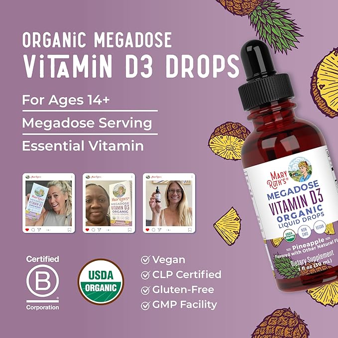 MaryRuth Organics Vitamin D3 Liquid Drops | Megadose 4000 IU | USDA Organic Liquid Vitamin D Spray for Adults &amp Kids | Immune Support &amp Bone Health | Vegan | Gluten Free | Non-GMO | 30 Serving