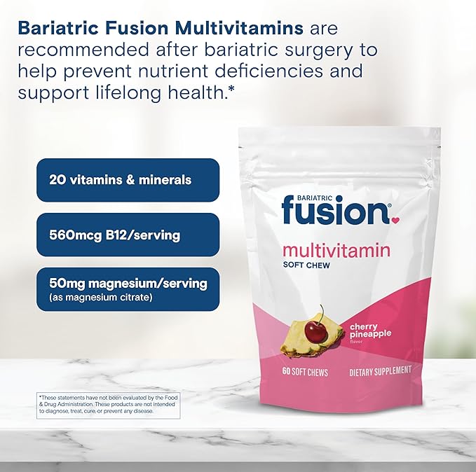 Bariatric Fusion Bariatric Multivitamin Chewable Soft Chew | Cherry Pineapple Flavor | Chewy Vitamins for Post Bariatric Surgery Patients | 60 Count | 1 Month Supply